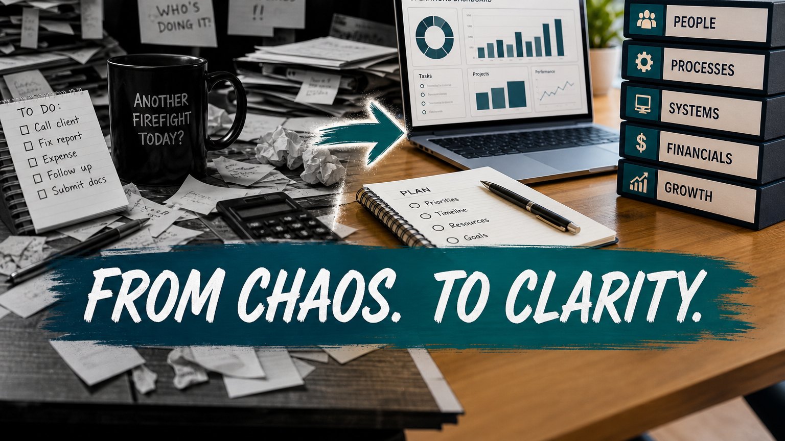 From chaos to clarity: a messy desk and firefight mug on the left, an operations dashboard and people, processes, systems, financials, and growth on the right.